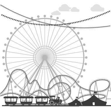 Dönme dolap ve lunapark treniyle tek renkli lunapark manzarası tema parkı ve eğlence tasarımları için ideal..