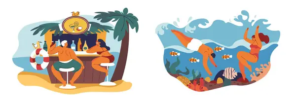 Векторная Иллюстрация Тропического Пляжного Бара Людей Ныряющих Море Изолированных Белом Лицензионные Стоковые Векторы