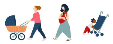Modern anneleri bebek arabalarıyla gösteren vektör illüstrasyonu, minimalist bir tarzda ebeveynlik anları yakalıyor, beyaz üzerinde izole edilmiş..
