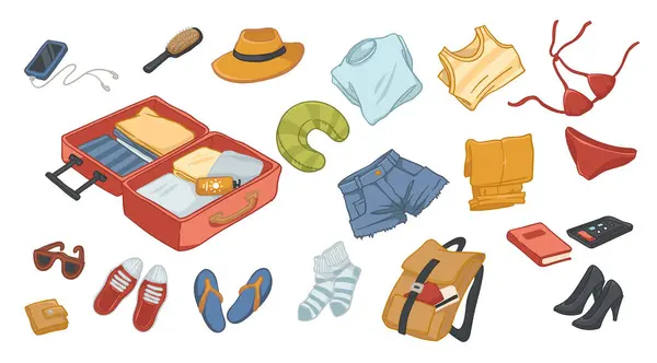 Vector Illustration Depicting Organized Travel Items Open Suitcase Ideal Travel Royalty Free Stock Illustrations