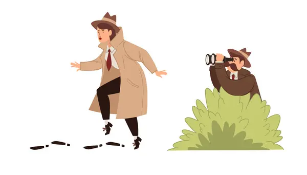 Set Inquisitive Sleuth Characters Performing Investigative Actions Vector Illustration 스톡 벡터