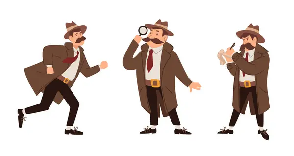 Set Classic Detective Characters Various Poses Vector Illustration 스톡 일러스트레이션