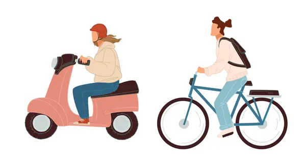 Vector Illustration Women Scooter Bicycle Isolated White 벡터 그래픽