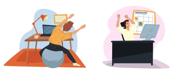 Cheerful Vector Illustration Showing Person Taking Stretching Break While Working 로열티 프리 스톡 일러스트레이션