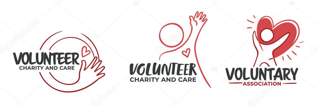 Heartfelt logo designs for volunteering and charity, vector illustration.