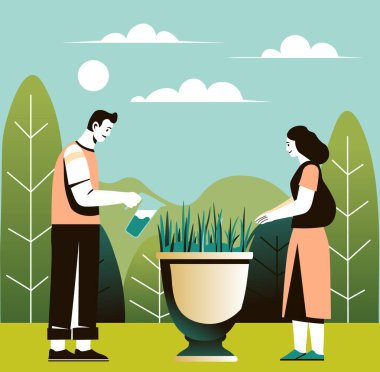 Kentsel bahçe ve sulama bitkilerine katılan insanların vektör illüstrasyonu.