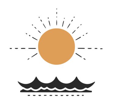 Deniz dalgaları üzerinde batan bir güneşin sanatsal vektör tasviri, tematik dekor ve çevresel grafikler için ideal, beyaz üzerinde izole edilmiş.