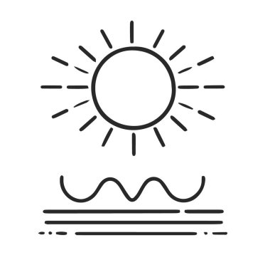 Deniz dalgaları üzerinde batan bir güneşin sanatsal vektör tasviri, tematik dekor ve çevresel grafikler için ideal, beyaz üzerinde izole edilmiş.