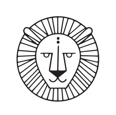 Bir aslan başının soyut sanatsal uyarlaması, siyah ve beyaz vektör çizimi, beyaz arka planda izole edilmiş, yaratıcı kullanım için harika..