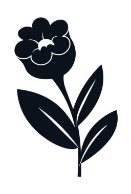 Zarif taç yaprakları ve yaprakları olan siyah beyaz bir çiçeğin sanatsal çizimi. Resim baskıları ve dekoratif kullanım için ideal.