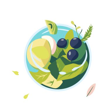 Bir kasedeki karışık sebze salatasının vektör çizimi, domatesler, salatalıklar ve marul, parlak, çağdaş bir tarzda, beyaz arka planda izole edilmiş..