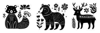 Eğitici ve dekoratif kullanım için ideal siyah-beyaz halk tarzında orman hayvanlarının vektör çizimi.