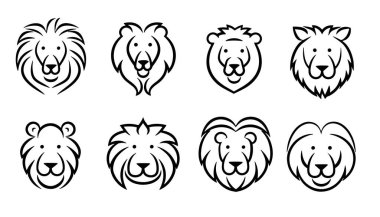 Biçimlendirilmiş aslan başı, çizgi sanat vektörü çizimi, beyaz arkaplanda izole edilmiş..