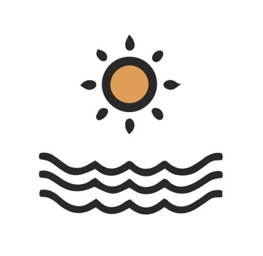 Dalgalı çizgilerin üzerinde güneşli bir deniz manzarasını bembeyaz, logolar ve dekoratif elementler için mükemmel bir şekilde tasvir eden soyut bir güneşin temsili..