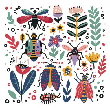 Böcekler ve arılar da dahil olmak üzere bahçe böceklerinin renkli ve çekici bir vektör koleksiyonu, çocukların eğitim projeleri ve dekorasyonu için ideal..