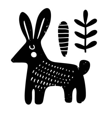 Halk sanatı, dekoratif elementler ve bitki, beyaz arka planda izole edilmiş siyah ve beyaz vektör illüstrasyonlu tavşan tasarımından ilham almıştır..