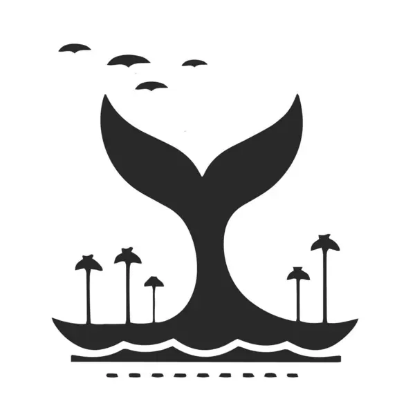 Стилизованная Векторная Иллюстрация Хвоста Кита Выходящего Океана Комплекте Пальмами Летающими Стоковый вектор