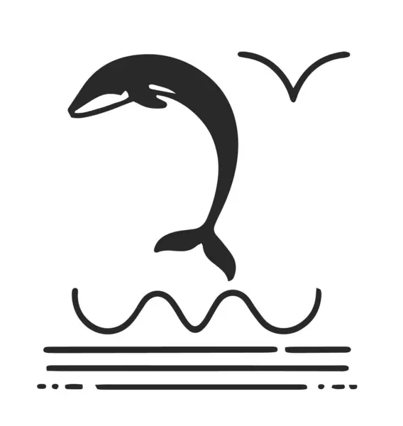 Стилизованная Векторная Иллюстрация Кита Интегрированного Океанскими Волнами Выполненная Чистом Минималистичном Стоковый вектор