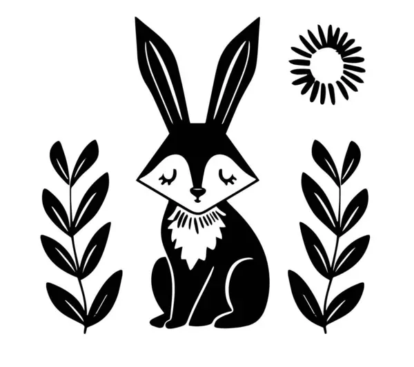 Folk Art Rabbit Sun Plant Motifs Black White Vector Illustration Stock Illustration