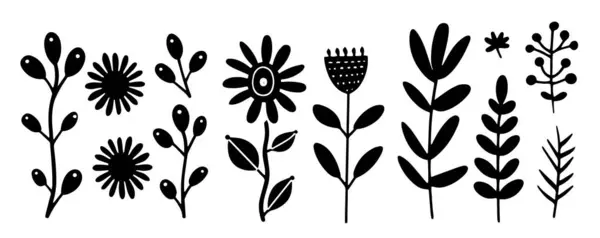 Various Flowers Folk Art Style Black White Vector Illustration Stock Vector