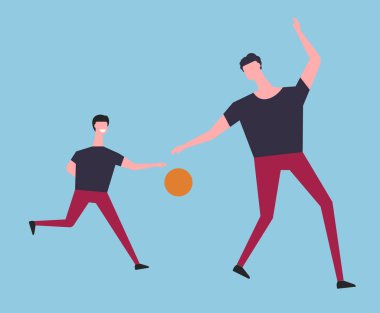 Bir baba ve oğulun minimalist düz bir şekilde top oynadığı tasviri. Mavi arkaplanda vektör illüstrasyonu izole edildi. Aile ve açık hava etkinlik temaları için ideal.