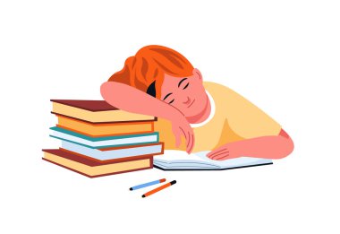 Yığınla kitabın üzerinde uyuyan genç bir öğrencinin renkli vektör çizimi, canlı bir düz stil, eğitici materyaller için mükemmel..