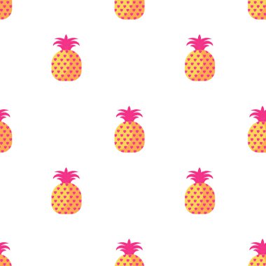 Düz bir şekilde dizayn edilmiş ananaslı kusursuz desen. Beyaz arkaplanda izole edilmiş vektör çizimi, yaz temalı tasarımlar ve tropikal projeler için mükemmel.
