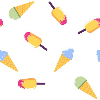 Düz bir şekilde dizayn edilmiş, çeşitli dondurmalarla kusursuz desen. Beyaz arkaplanda izole edilmiş vektör çizimi, yaz temalı tasarımlar ve çocuk ürünleri için mükemmel.
