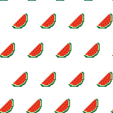 Piksel sanat karpuzlarıyla kusursuz desen, retro tarzında dizayn edilmiş. Beyaz arkaplanda izole edilmiş vektör illüstrasyonu, tekstil ve dijital tasarımlar için ideal.
