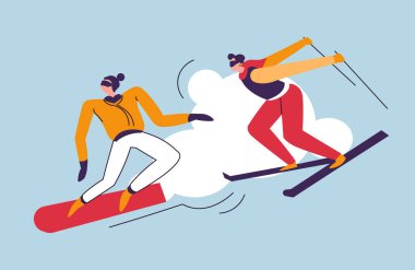 Kayak ve snowboard gibi kış sporlarından hoşlanan insanların bir tasviri. Dinamik hareketli vektör çizimi. Beyaz arkaplanda izole.