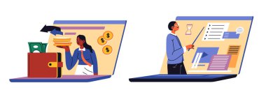 Teknoloji ve sosyal etkileşim tasviri için uygun modern iletişim yöntemlerini gösteren dinamik bir vektör çizimi.