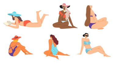 İki kadın sahilde dinleniyor, biri çizgili havluda yatıyor, diğeri ise büyük bir çanta ve güneş gözlükleriyle oturuyor. Vektör illüstrasyonu beyaz arkaplanda izole edildi.