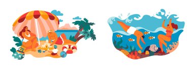 Üç grup insan çeşitli yiyecek, havlu ve aksesuarlarla bir plaj pikniğinin tadını çıkarıyor. Vektör illüstrasyonu beyaz arkaplanda izole edildi.