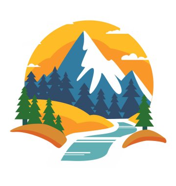 Beyaz arka planda izole edilmiş nehir ve ağaçların yer aldığı manzaralı bir dağ manzarasıyla amblem. Bu vektör illüstrasyonu doğa ve seyahat temaları için idealdir.