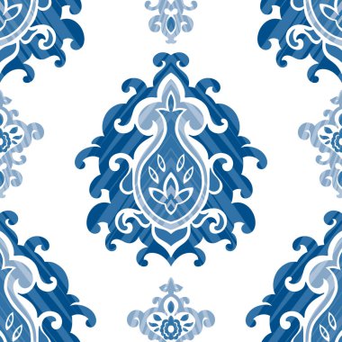 Süslü mavi desenli, geleneksel bir şekilde kusursuz bir vektör. Kumaş, duvar kağıdı ve kırtasiye malzemesi için ideal..
