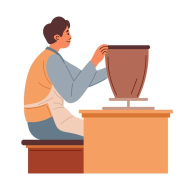 Çömlekçinin, çömlekçi çarkının üstünde vazo yaparken düz bir şekilde resmedilmiş hali. Beyaz bir arka planda izole edilmiş. Eğitim malzemeleri, posterler ve sanat projeleri için mükemmel..