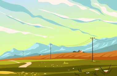 Elektrik hatları, bir ev ve uzak traktörü olan bir dağ manzarasının vektör çizimi. Gökyüzünde dinamik bulut desenleri var. Bu resimde düz bir stil var..