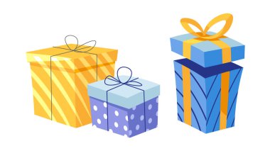 Sarı kurdeleli mavi hediye kutusu, güzelce paketlenmiş. Beyaz arkaplanda izole edilmiş vektör illüstrasyonu. Doğum günü ve tatil grafikleri için mükemmel..