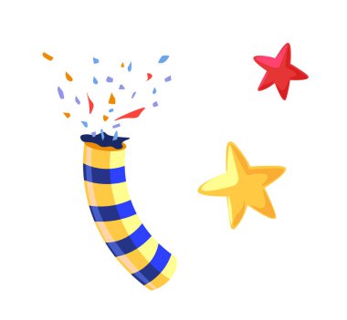 Konfeti ve yıldız salan bir parti manyağı tasviri. Vektör illüstrasyonu eğlenceli bir şekilde. Beyaz bir arka planda izole edilmiş. Kutlama ya da şenlik için ideal..