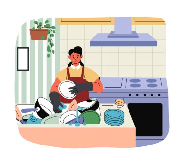 Mutfakta bulaşık yıkayan bir adamın tasviri. Modern düz bir şekilde vektör illüstrasyonu. Beyaz bir arka planda izole edilmiş. Yemek pişirmek ya da temizlik için mükemmel..