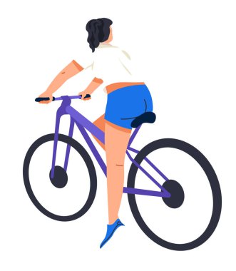 Turuncu gömlekli ve siyah şortlu bir bisikletçi mor bir bisiklete biner. Çizim düz bir şekilde ve beyaz bir arkaplanda izole edilmiştir. Vektör illüstrasyonu.