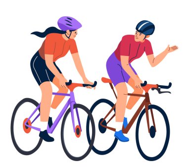 İki bisikletçi, biri turuncu tişörtlü, diğeri de kırmızı tişörtlü bisikletli. Çizim düz bir şekilde ve beyaz bir arkaplanda izole edilmiştir. Vektör illüstrasyonu.