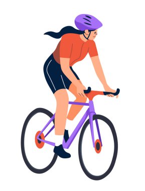 Turuncu gömlekli ve siyah şortlu bir bisikletçi mor bir bisiklete biner. Çizim düz bir şekilde ve beyaz bir arkaplanda izole edilmiştir. Vektör illüstrasyonu.