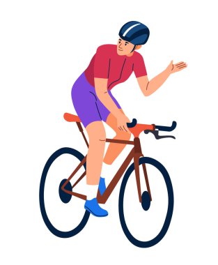 Kırmızı tişörtlü ve mor şortlu bir bisikletçi tek eliyle bisiklet sürüyor. Çizim düz bir şekilde ve beyaz bir arkaplanda izole edilmiştir. Vektör illüstrasyonu.