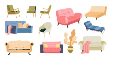 Düz stil vektör gösterimi. İç tasarım için çeşitli kanepe ve sandalye modelleri. Şık ilham arayan ev dekoratörleri ve tasarımcılar için mükemmel..