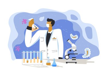 Modern düz tasarım tarzında laboratuvar araştırmaları ve analizleri. Beyaz arka planda izole edilmiş. Vektör illüstrasyonu.