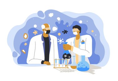 Modern düz tasarım tarzında laboratuvar araştırmaları ve analizleri. Beyaz arka planda izole edilmiş. Vektör illüstrasyonu.