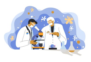 Modern düz tasarım tarzında laboratuvar araştırmaları ve analizleri. Beyaz arka planda izole edilmiş. Vektör illüstrasyonu.