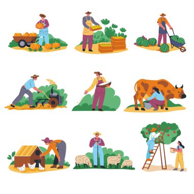 Çiftçilerin çeşitli ürünleri hasat edişleri. Biçim modern ve düz ve vektör illüstrasyonu beyaz bir arkaplanda izole edilmiştir. Uygun tarım siteleri veya eğitim materyalleri.