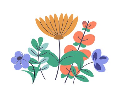 Çeşitli çiçeklerle renklendirilmiş bir çiçek düzenlemesinin tasviri. Biçim modern ve düz ve vektör illüstrasyonu beyaz bir arkaplanda izole edilmiştir. Dekoratif projeler için mükemmel.